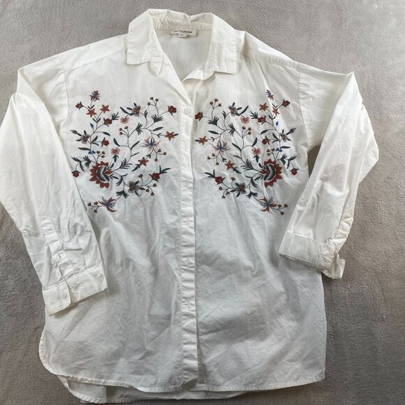 Beachlunchlounge Womens White Button-Up Shirt Small Boho Floral Embroidery - Picture 7 of 7